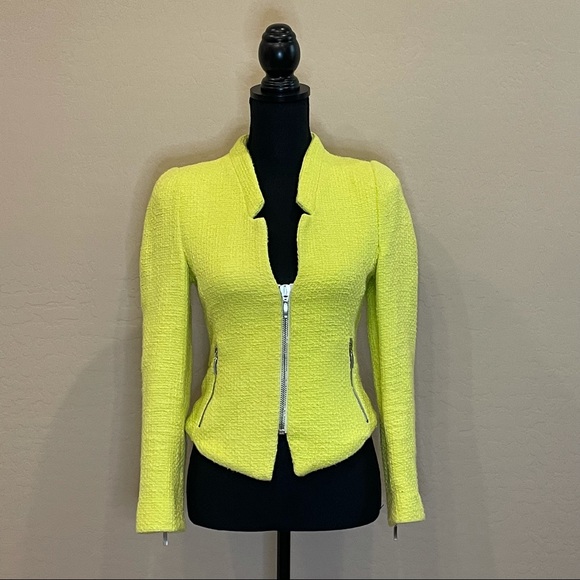 Zara Jackets & Blazers - Zara Neon Yellow/Green Tweed Blazer Zipper Detail